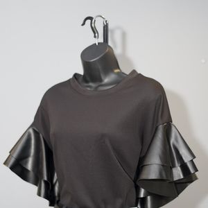 Faux leather ruffled sleeve shirt